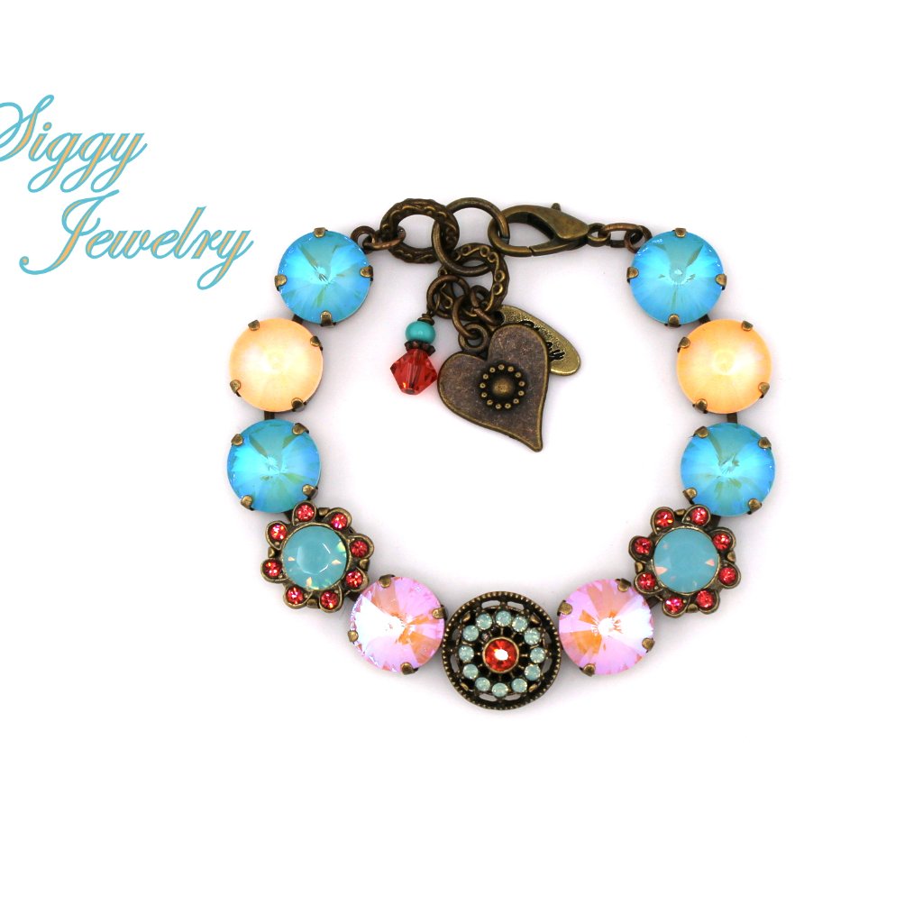 Tropical Fiesta Flower Bracelet, Austrian Crystal Turquoise And Neon Orange